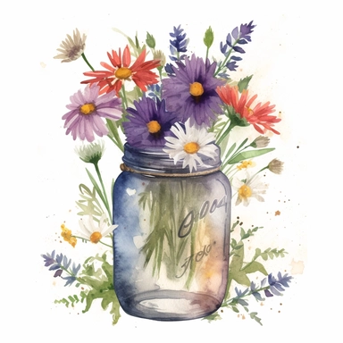 Create a watercolor clipart showcasing a whimsical arrangement of wildflowers in a rustic mason jar vase. The wildflowers can include daisies, lavender, and cornflowers, with each flower having distinct brushstrokes and textures. The colors should be bright and cheerful, evoking a sense of natural beauty and simplicity.