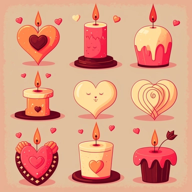 Create a set of playful, cartoon-style clip art images featuring candles with a Valentine's Day theme. The images should have a fun and romantic aesthetic, incorporating elements such as candles in various shapes and sizes, hearts and cupids, or other symbols of love and romance. The images should be depicted in a variety of styles and sizes, with added details such as texture, shading, or other realistic features. The cartoon style should add a fun and playful element. Overall, the images shoul