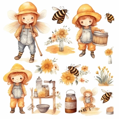 Watercolor boho beekeeping, illustrations clipart set, simple, soft colors, cartoon elements, different variants, cute little boy and girl beekeeping, separate elements with a margin
