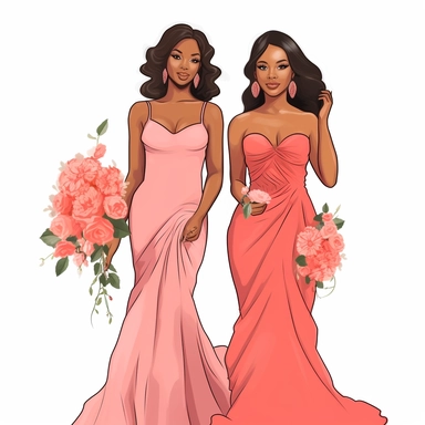 clipart, ultra realistic, hand drawn, 2 Bridesmaids side-by-side, both with beautiful bright smiles to celebrate the bride, wearing the color coral, carring bouques of summer florals, Full body. Clothing line, retail fashion, 2023, fashionnova, African american, mid sized models. Highly detailed. very attractive, glamorous, make up beautiful, gorgeous, glowing make - up. full body and heels. multiple outfits. individually spaced far apart. stunning hasina parker illustration, boss lady, clear, c