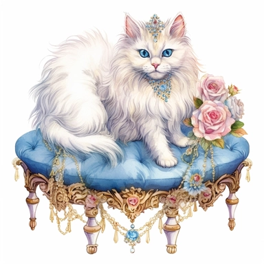 make a clipart of watercolor fairytale white fluffy princess cat with a gold jeweled tiara and blue eyes, laying on a blue victorian foot stool, and roses, rococo, shabby chic