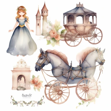 cute hand drawn watercolor clipart set on white background featuring horse and carriage, like this