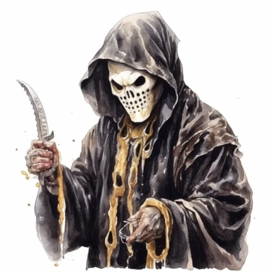 A haunting portrait of the Ghostface killer from the Scream series, with his iconic mask, black robe, and a knife ready to strike, representing the embodiment of terror. Clipart, watercolor, white background, intricate detail.