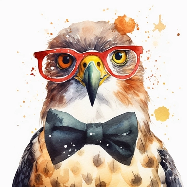 please create watercolor clipart of a hawk smiling, wearing party GLASSES AND BOW TIE and bubbles, colorful, WHITE BACKGROUND