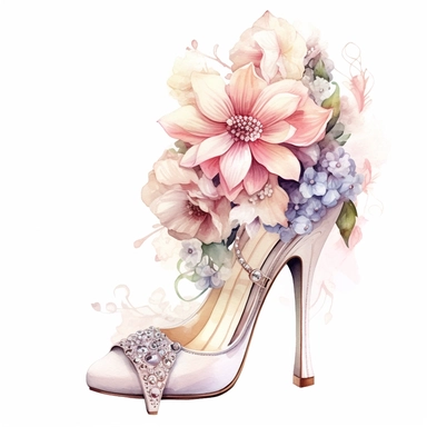 watercolor clipart of high heels with a blend of ivory, white and pink, decorated with bridal flowers and jewels, colored pencil drawing, good composition, vector, contour, isolated white background, 16k