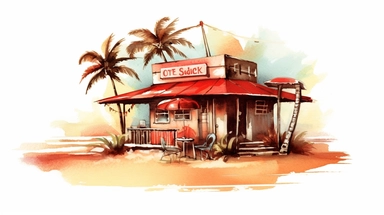 Beach Coffee shop clipart water color light red retro style