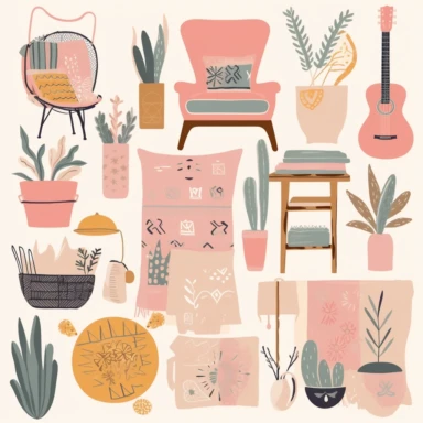 I want to create minimalistic modern boho clipart assets in the style of vector illustration. The assets need to follow a consistent color theme and overall theme, with a dominant pastel color scheme including pink, blue, and yellow. The clipart assets should depict household items such as furniture and kitchenware, with a modern and minimalist mood or theme. The level of detail should be highly realistic and intricate, with a delicate watercolor effect. The clipart assets should be set in a bri