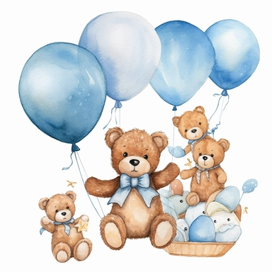 Watercolor Teddy Bear , Blue Aeroplane, Baby Shower for a boy, Clipart, smilling, sweet, cuddly, happy, playfull, playing, diffrent pose, Transparent background PNG, Blue Aeroplane Balloons q2 v4