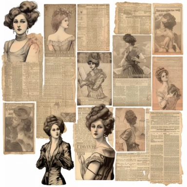 vintage style woman newspaper illustrations clipart set, detailed 4k, clipart style, background white