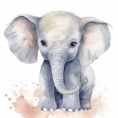 A delightful and charming watercolor clipart of an adorable baby elephant, designed for commercial use. This heartwarming composition captures the innocent charm of the African Safari Zoo animal, set against a crisp white background that accentuates its delicate watercolor textures and playful features. The baby elephant, with its gentle eyes and playful trunk, is skillfully painted in a soothing palette of grays and pastels, encapsulating the essence of nursery-themed art. The clipart emphasize