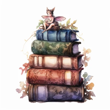 Solid white background, Detailed watercolor/alcohol ink image of a stack of 4 dark earthtone pasel colored gothic spell books with a cute glowing tiny forest fairy sitting on top clipart. The books are realistically detailed, gilded bindings, carved thick leather cover,