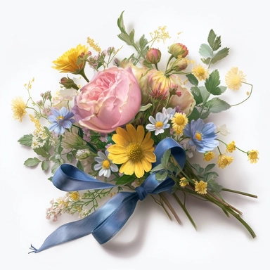 a simple gorgeous wildflowers and flowers corsage with ribbon and greenery on white background clipart, pastel pink, blue, and yellow color theme, watercolor painting realistic, high quality, vibrant, Vicente Romero Redondo, Willem van Aelst, Elsa Beskow