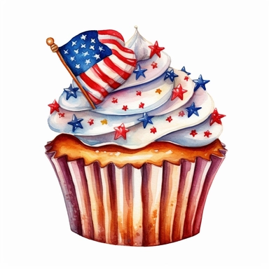 watercolor American flags cupcake, cartoon sticker, clipart, white background, hd, 32k