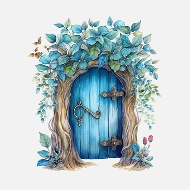 Watercolour beautiful azure blue realistic forest fairy door with realistic perfectly detailed forest leaves beautiful realistic details perfect forest fairy door magnificent details beautiful compelling realistic PNG image,ultra highly detailed, 18k, sharp focus, bright photo with vibrant colours digitally enhanced, enhanced graphics, straight, sharp focus, bright lighting, intricate detailed png image ,high definition,300dpi,graphic clipart,computer graphics