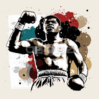 MUHAMMAD ALI WINS WORLD BOXING CHAMPIONSHIP in 1963, in watercolor style clipart, darker tones, high contrast, white background