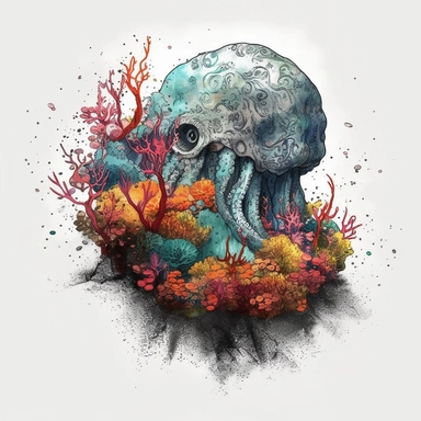 concrete illustration of a double le exposure rock octopus & colourful coral reef drawn with stones, clipart