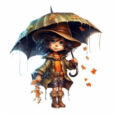 Cute Adorable magical little Witch holds a huge umbrella in his hand wears a raincape and stand in the rain on a country road, correct umbrella, clipart, high detail, 8k polished, 8k, vibrant colors, white background, sticker