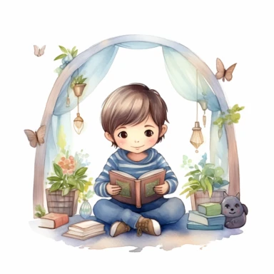 Cute little boy reading a book in a reading nook, folk art, watercolor, clipart elements, kawaii, white background