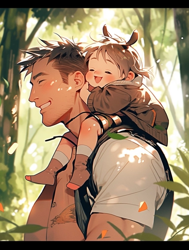 fathers day, water colour clipart, The baby sitting on father neck, cute happy, smile, cartoonic, forest,16K UHD,