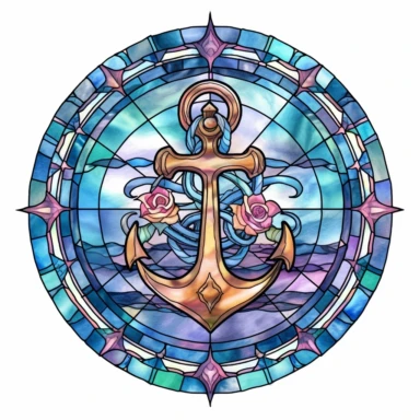 commercial shot of watercolor nautical anchor Stain glass window clipart, whimsical, sublimation clipart, fantasy, deep colors, high quality watercolor style clipart, isolated on white, award winning,