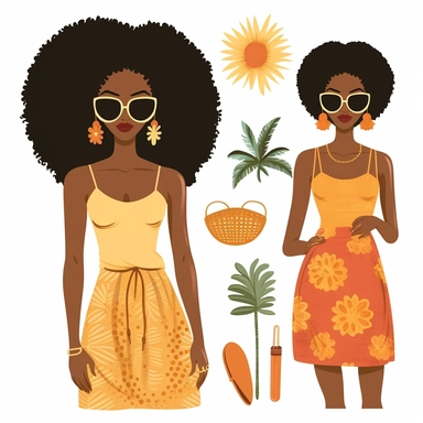 sundress women's vector sticker clipart, sundress clipart, Fashion women's clipart, summer women's Clipart, African American clipart, Afro women's clipart, black women's braid clipart, sticker, white background