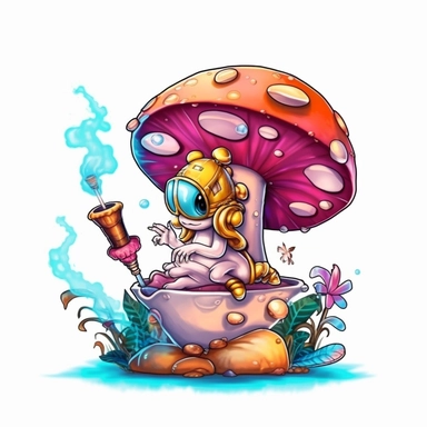 whimsical, cute, cartoon, clipart, caterpillar smoking a hookah sitting on a magic mushroom, sticker