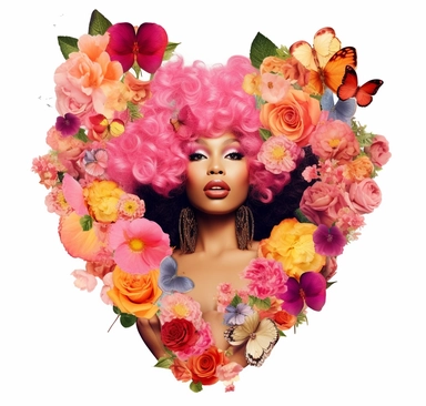 an image of a Nicki Minaj with flowers, hearts, clipart, in the style of afro-colombian themes, poolcore, feminine sticker art, body extensions, tomàs barceló, minolta riva mini, heatwave