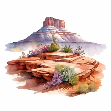 Hyperrealistic watercolor mesa and butte clipart in desert with some small shrubs in sight