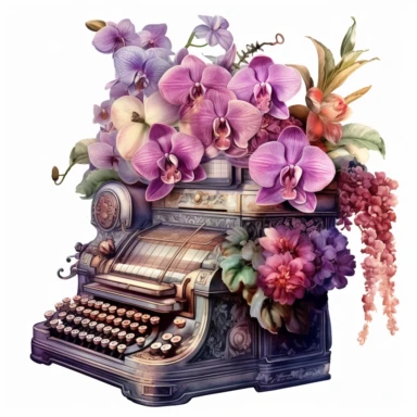 a watercolor enchanted old and used 1900 cash register profil view, enchanted collector's item surrounded by an arrangement of a number of dramatic extravagant saturated digital purple 3D giant orchid, in the style of large-scale photography, lush detailing, watercolor style, pastel colors, playfully intricate, made of flowers, bloomcore, clipart, transparent png background