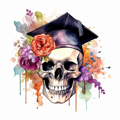 a skull with graduation cap, full of many different flowers in beautiful colors, in watercolor style, color splash, clipart