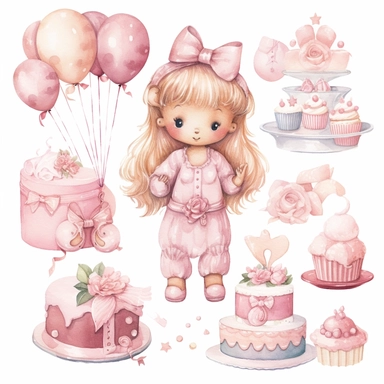 Clipart image, baby girl birthday party, clothes for princess, mix of poses and expressions, cakes, balloon, bear plushies, space out, cute, little princess, white pink inspired, white background
