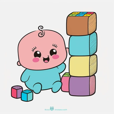 baby stacking blocks, clipart style, vector, logo, cute, golden, purple, teal, pink, lite blue, picture book style, children's lesson book, captivating, kid friendly cute character, black and white, coloring book style, cartoon style, vector image, simple, line art style, character, white background