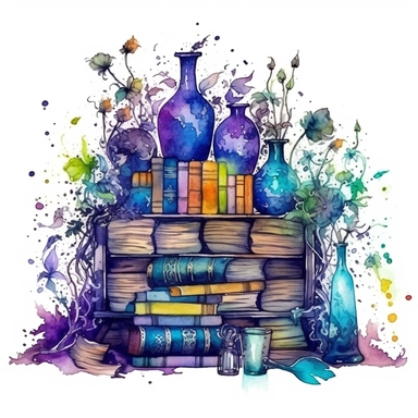 magical style wizard's magic reading corner with watercolor effect,suitable for digital clipart,magic tools,old magical books,gothic bookcase full of books,potion bottles,magic caulddon, gothic candles,white background,magical flowers,magical scene,fairy dark colours,green ,blue,purple,gothic details Clipart ,Cartoon,hyper realistic, intricate detail, illustration style,high solution,on the white background