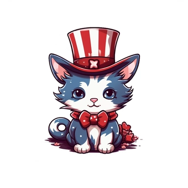 isolated flat clipart on a white background of a cute chibi Fourth of July themed cat wearing a top hat with red stripe tshirt design graphic, in the style of daniel f. gerhartz, transcendent, nikon d850, art of burma, captures the essence of nature, in the style of organic forms and patterns, expansive skies, hyper-detailed illustrations, i can't believe how beautiful this is, lively colors