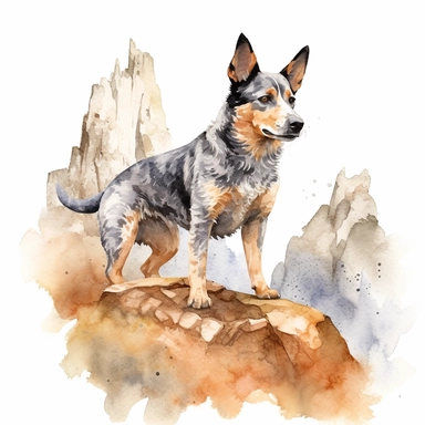 Australian Cattle Dog exploring a rocky terrain, white background, watercolor clipart