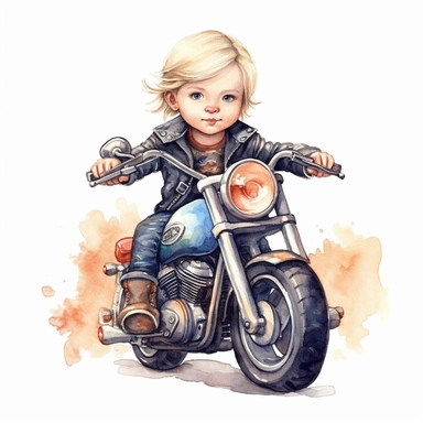 Cute little biker boy riding a Harley Davidson watercolour white background clipart