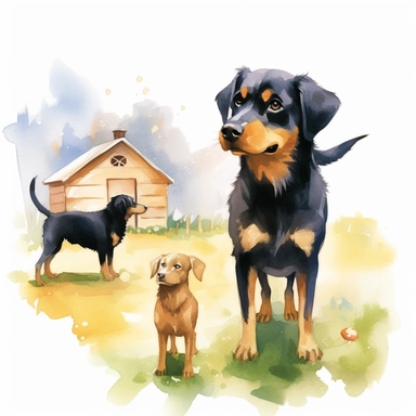 A medium sized overweight golden colored beagle lab dog, and a large black shepherd/lab breed dog, standing near a small wooden dog house, the dogs look at eachother. happy, warm, children's book illustration watercolor style, clipart, realistic, isolated on white background, 4K