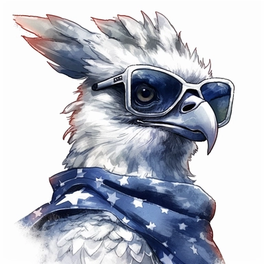 Harpy eagle, wears American flag scarf and sunglasses, closeups shot, low angle, watercolor style, hyper-realistic animal illustrations, 2d game art, quadratura, clipart, on white background,