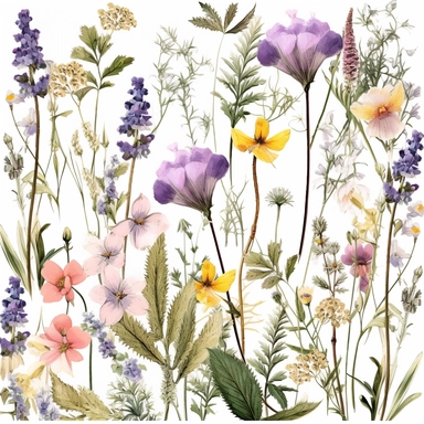 Pressed boho wild flowers cottagecore vintage botanical pastel floral nature flower garden with seamless border, clipart with white background –ar 293:151