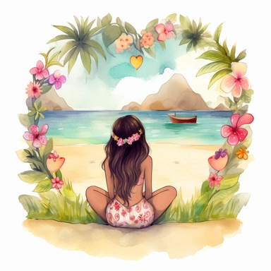 watercolour, tropical island setting, showcase an adorable little Hawaiian girl, she has flowers in her hair, she is sitting near the beach, surrounded by beautiful flowers and hearts, the feeling is magical, clipart style