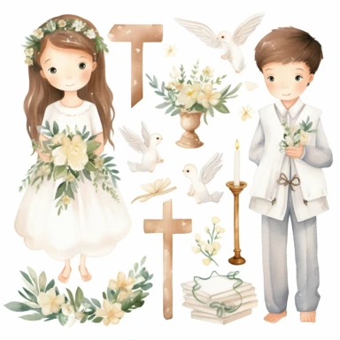 First communion illustrations clipart set, watercolor, white background, simple, soft colors, cartoon elements girl, boy, holy cross, white doves, tulips, peonies, eucalyptus branches, wooden rosary beads, white flowers