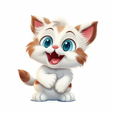 A high-quality cartoon clipart displaying a cute little cat in its entirety, positioned against a solid white background, ensuring excellent clarity and capturing the kitten's lively spirit