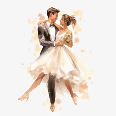 watercolor, drawing, illustration of the bride and groom, the bride in a short beautiful dress above the knees, very beautiful, slender bride, laughing, wedding dance, holding a bouquet, flowers, clipart, high resolution image, detailed image, photorealistic, 3D, 4K