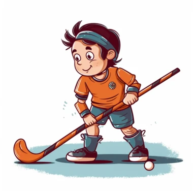 kid playing field hockey match in field hockey gear clip art vector, simple, thick cartoon lines, white background