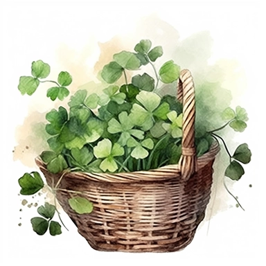 Magical style Big basket full of green three leaves clovers from Kelt mythology with watercolor effect,Wild scene,Suitable for digital clipart,White background,green,khaki,dark colors