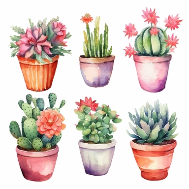 6 Watercolor cactus in a vase clipart, hd, isolated on white background, spaced out ar 3:2 s1000