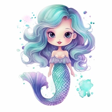 Watercolor pastel baby mermaid, full mermaid with tail, dreamy style clipart on a white background in the style of kawaii sticker art, hand-drawn, storybook illustration, colored line art, colored outlines, queencore design, ombre, cool tones: colored line art, colored outlines, iridescent ombre, gradient shading, cool tone, plain white background, svg clipart