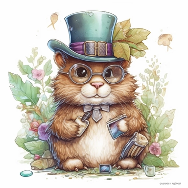 kawaii adorable fantasy beaver wearing cute glasses, nursery art, clipart image, line art image, white background, inspired yoshitaka amanoart, very detailed, 8k