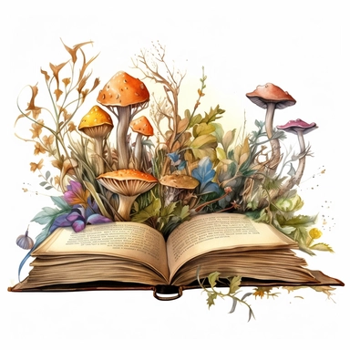 an ancient open watercolor clipart book with a fantasy scene rising from the pages, wreathed in wispy old looking vines, plants, and mushrooms