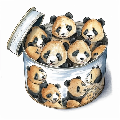 Ella bailey watercolour illustration with black gel pen outline style panda faces in a biscuit tin with wrappers around the edges , high definition, 8k, insanely detailed, fine detail, sharp focus, illustration, white background, isolated clipart vector